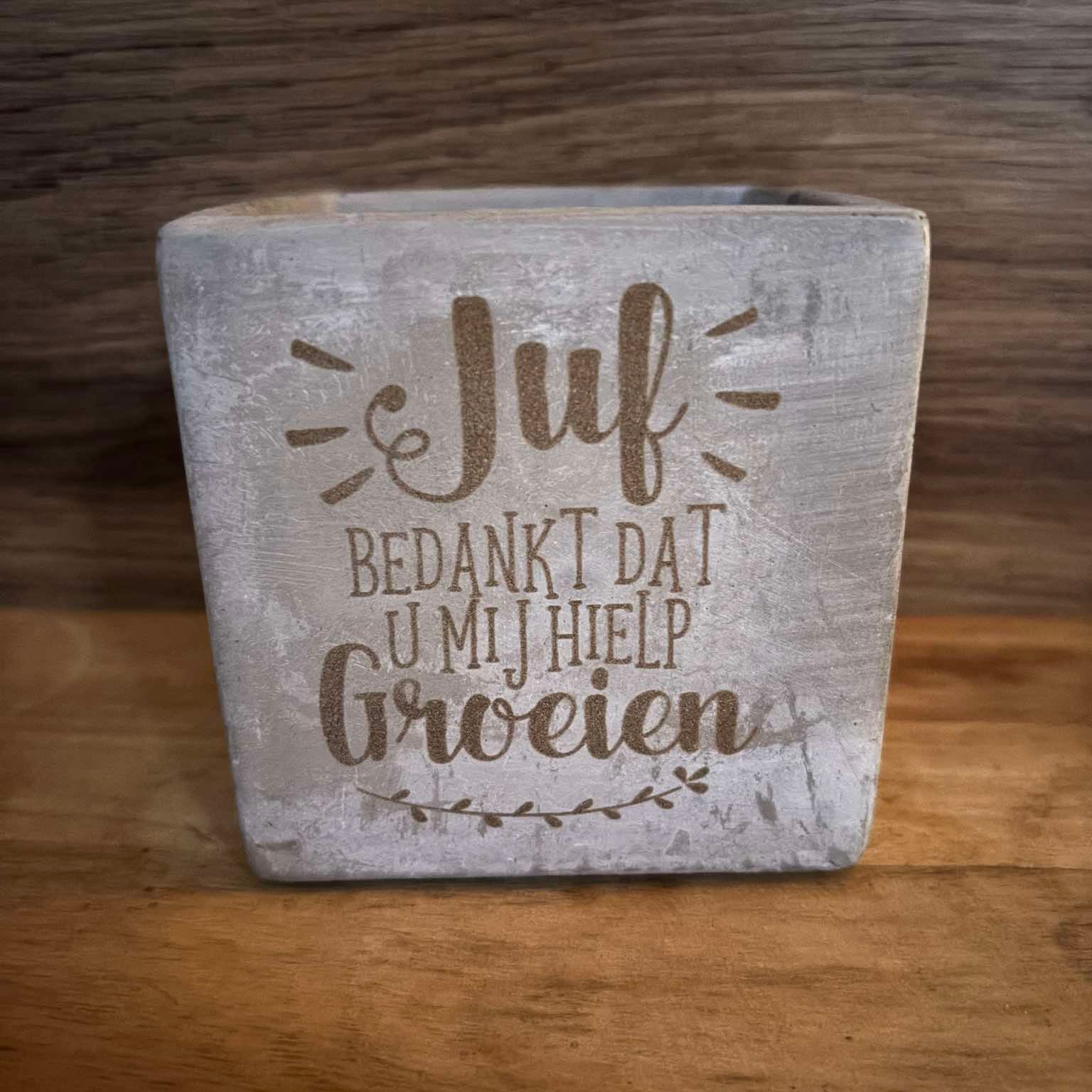 cementen bloempotje met bedankt juf dat u mij hielp groeien